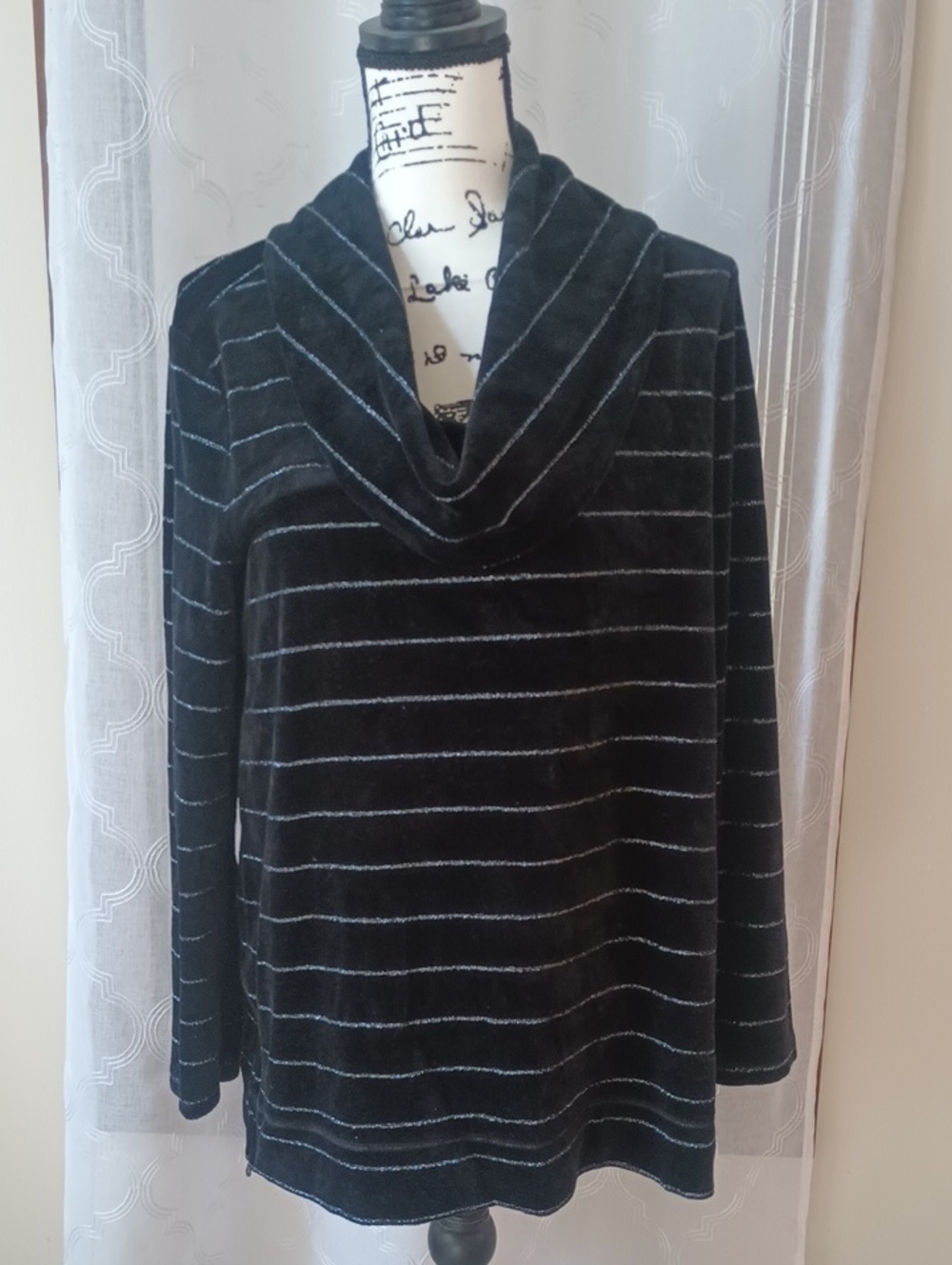 Talbots Black Sweater with Silver Stripes Cowl Neck